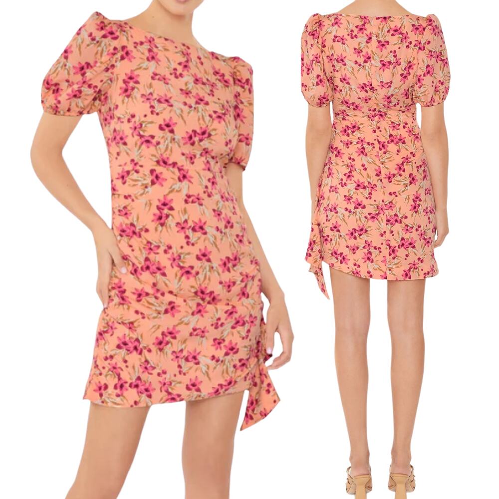 Likley Cara Floral Mini Dress Draped Ruffle Puff Sleeve Peach Pink NEW Womens 12